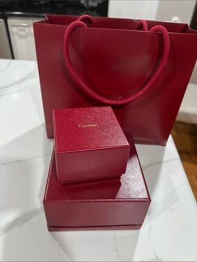 2 Cartier boxes deep red set with gold logo 1 love ring and 1 love bracelet&bag